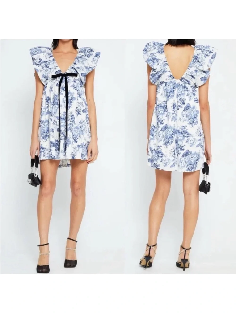 New! O.P.T Blue Floral Ruffle Mini Dress with Black Bow Tie size M